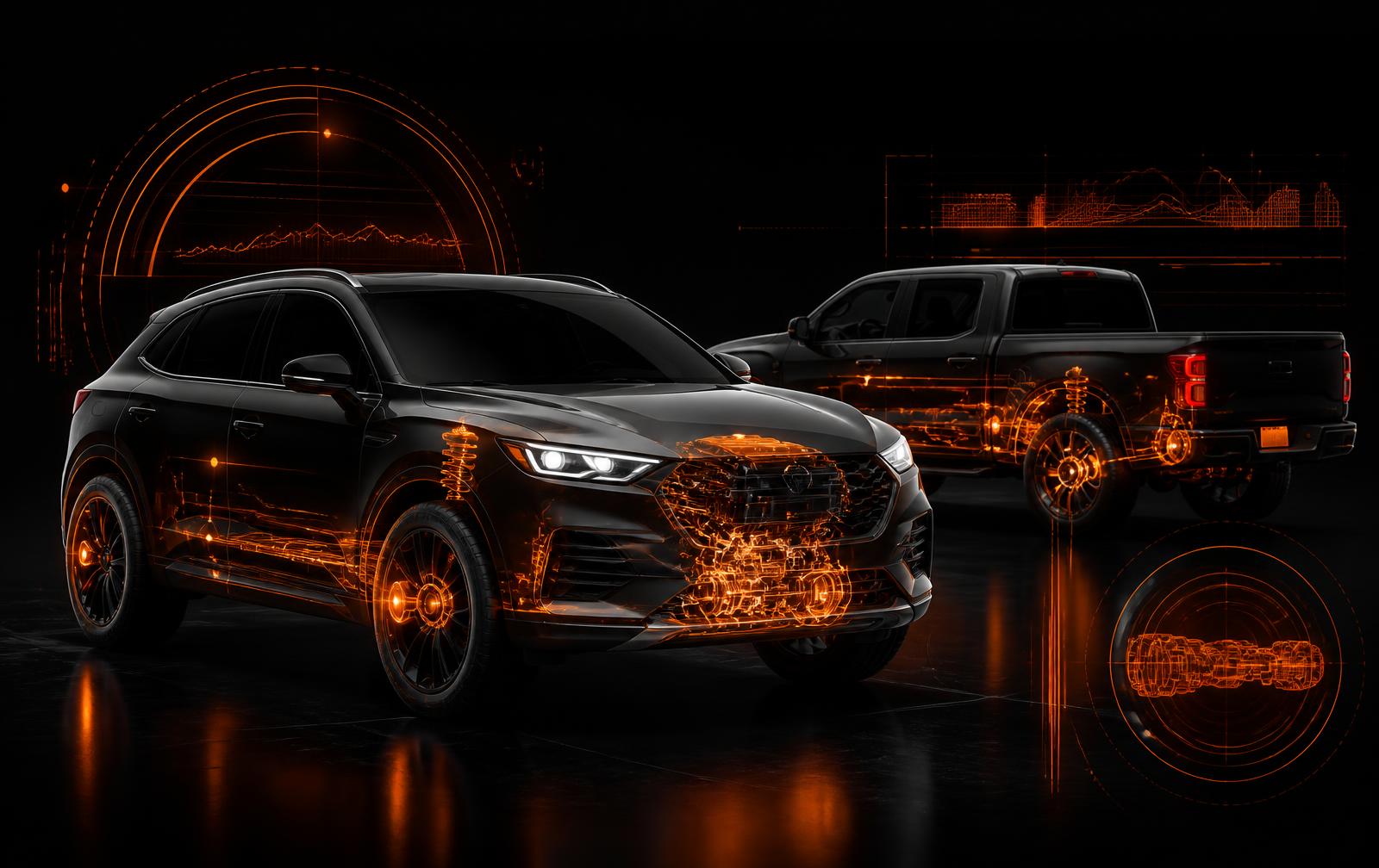 Modern SUV and bakkie with orange telemetry overlays tracing engine and drivetrain sensors